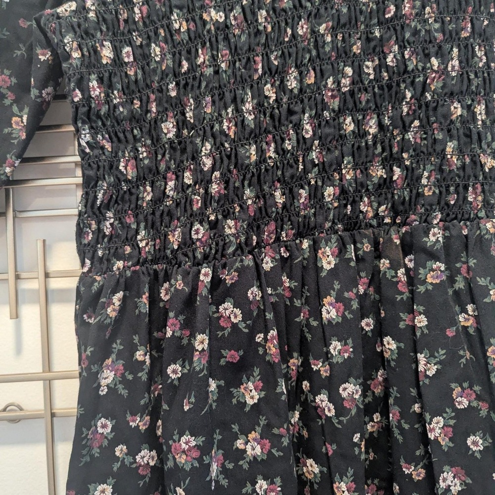 Vtg 90s Dress Black Floral Smocked Bodice Md Cottagecore Prairie Boho Romantic - Picture 3 of 10